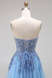 Blue Tulle Corset A-Line Sweetheart Appliqued Long Prom Dress with Slit
