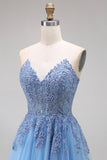 Blue Tulle Corset A-Line Sweetheart Appliqued Long Prom Dress with Slit
