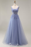 Tulle Dusty Lavender Corset A-Line Square Neck Appliqued Long Prom Dress