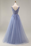 Tulle Dusty Lavender Corset A-Line Square Neck Appliqued Long Prom Dress