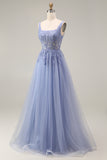 Tulle Dusty Lavender Corset A-Line Square Neck Appliqued Long Prom Dress