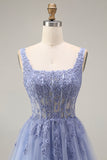 Tulle Dusty Lavender Corset A-Line Square Neck Appliqued Long Prom Dress
