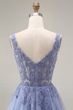 Tulle Dusty Lavender Corset A-Line Square Neck Appliqued Long Prom Dress