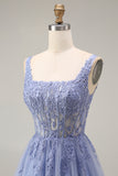 Tulle Dusty Lavender Corset A-Line Square Neck Appliqued Long Prom Dress