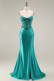 Peacock Satin Corset Mermaid Sweetheart Ruched Beaded Appliqued Long Prom Dress with Slit