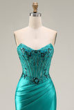 Peacock Satin Corset Mermaid Sweetheart Ruched Beaded Appliqued Long Prom Dress with Slit