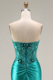 Peacock Satin Corset Mermaid Sweetheart Ruched Beaded Appliqued Long Prom Dress with Slit