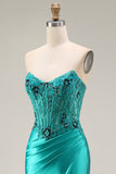 Peacock Satin Corset Mermaid Sweetheart Ruched Beaded Appliqued Long Prom Dress with Slit