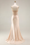 Champagne Satin Corset Mermaid Appliqued Ruched Long Prom Dress with Slit