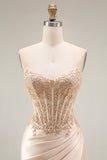 Champagne Satin Corset Mermaid Appliqued Ruched Long Prom Dress with Slit