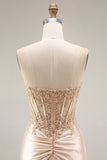 Champagne Satin Corset Mermaid Appliqued Ruched Long Prom Dress with Slit