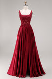 Sparkly Burgundy Velvet Corset A-Line Square Neck Long Prom Dress with Beading