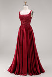 Sparkly Burgundy Velvet Corset A-Line Square Neck Long Prom Dress with Beading