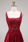 Sparkly Burgundy Velvet Corset A-Line Square Neck Long Prom Dress with Beading