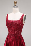 Sparkly Burgundy Velvet Corset A-Line Square Neck Long Prom Dress with Beading