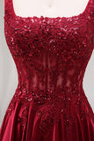 Sparkly Burgundy Velvet Corset A-Line Square Neck Long Prom Dress with Beading