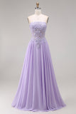 Tulle Lilac Strapless Corset A-Line Appliqued Long Prom Dress