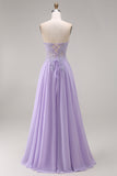 Tulle Lilac Strapless Corset A-Line Appliqued Long Prom Dress