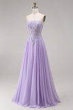 Tulle Lilac Strapless Corset A-Line Appliqued Long Prom Dress