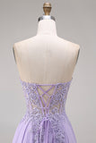 Tulle Lilac Strapless Corset A-Line Appliqued Long Prom Dress