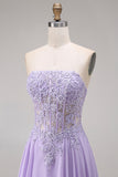 Tulle Lilac Strapless Corset A-Line Appliqued Long Prom Dress