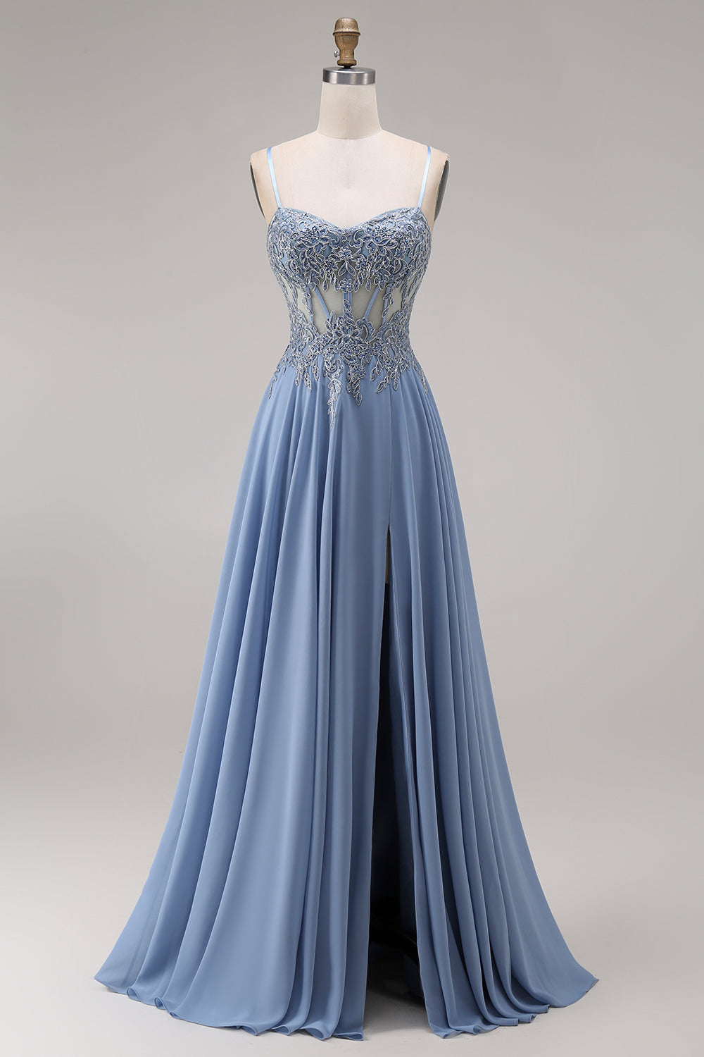 ZAPAKA Women A-Line Long Prom Dress with Slit Steel Blue Chiffon Corset Appliqued Spaghetti Straps Evening Dress with Beading, Steel Blue / US10