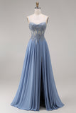 Steel Blue Chiffon Corset A-Line Beaded Appliqued Long Prom Dress with Slit