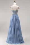 Steel Blue Chiffon Corset A-Line Beaded Appliqued Long Prom Dress with Slit
