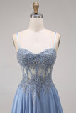 Steel Blue Chiffon Corset A-Line Beaded Appliqued Long Prom Dress with Slit