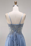 Steel Blue Chiffon Corset A-Line Beaded Appliqued Long Prom Dress with Slit