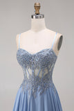 Steel Blue Chiffon Corset A-Line Beaded Appliqued Long Prom Dress with Slit