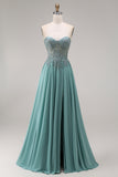 Chiffon Eucalyptus Sweetheart Corset A-Line Beaded Appliqued Long Prom Dress with Slit