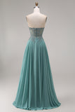 Chiffon Eucalyptus Sweetheart Corset A-Line Beaded Appliqued Long Prom Dress with Slit