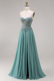 Chiffon Eucalyptus Sweetheart Corset A-Line Beaded Appliqued Long Prom Dress with Slit