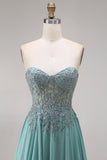 Chiffon Eucalyptus Sweetheart Corset A-Line Beaded Appliqued Long Prom Dress with Slit