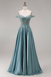 Agave Satin Off the Shoulder Corset A-Line Beaded Appliqued Long Prom Dress