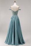 Agave Satin Off the Shoulder Corset A-Line Beaded Appliqued Long Prom Dress