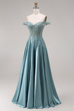 Agave Satin Off the Shoulder Corset A-Line Beaded Appliqued Long Prom Dress