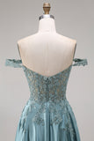 Agave Satin Off the Shoulder Corset A-Line Beaded Appliqued Long Prom Dress