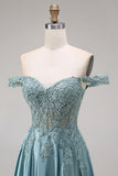 Agave Satin Off the Shoulder Corset A-Line Beaded Appliqued Long Prom Dress