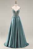 Agave Satin Corset A-Line Beaded Appliqued Long Prom Dress with Slit