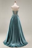 Agave Satin Corset A-Line Beaded Appliqued Long Prom Dress with Slit