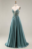 Agave Satin Corset A-Line Beaded Appliqued Long Prom Dress with Slit