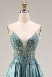 Agave Satin Corset A-Line Beaded Appliqued Long Prom Dress with Slit