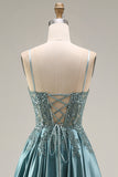 Agave Satin Corset A-Line Beaded Appliqued Long Prom Dress with Slit