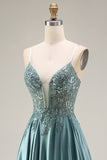 Agave Satin Corset A-Line Beaded Appliqued Long Prom Dress with Slit
