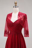 Velvet Burgundy A-Line Appliqued Long Mother of the Bride Dress with Beading