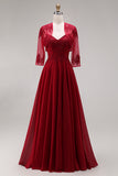Velvet Burgundy A-Line Appliqued Long Mother of the Bride Dress with Beading