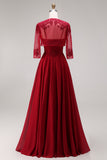 Velvet Burgundy A-Line Appliqued Long Mother of the Bride Dress with Beading