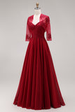 Velvet Burgundy A-Line Appliqued Long Mother of the Bride Dress with Beading